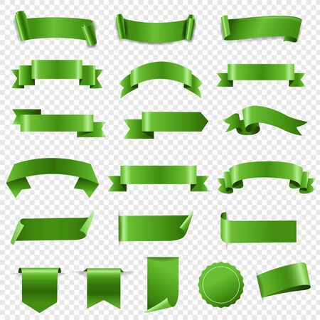 Green Ribbon Set And Labels Transparent background With Gradient Mesh, Vector Illustrationのイラスト素材