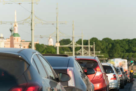 transport jam transport jam on city roads St. Petersburg in clear summer dayの写真素材