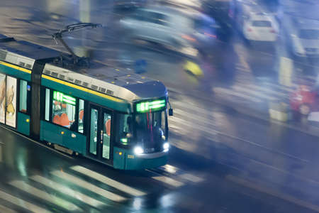 HELSINKI, FINLAND - OCTOBER 27:The movement of the tram on streets of Helsinki,FINLAND-OCTOBER 27...