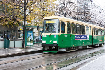 HELSINKI, FINLAND - OCTOBER 25:The movement of the tram on streets of Helsinki,FINLAND-OCTOBER 25 2016.In Helsinki the tram - a widespread type of public transportのeditorial素材