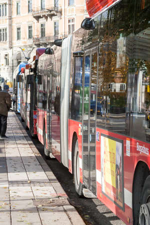 STOCKHOLM, SWEDEN - OCTOBER 26:the passenger bus goes down the street the cities, SWEDEN - OCTOBER...