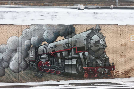 ST. PETERSBURG, RUSSIA - FEBRUARY 24:graffiti on a wall about the Finnish station,RUSSIA - FEBRUARY 24 2017. In Russia people often paint walls various graffiti.のeditorial素材