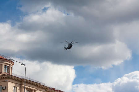 ST. PETERSBURG, RUSSIA - MAY 09: flight military aeromechanics for participation in a parade,RUSSIA - MAY 09 2017. In Russia in honor of a Victory Day military parades are heldのeditorial素材