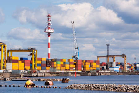 seaport with the containers which are on it in clear summer dayの写真素材
