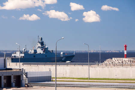KRONSTADT, RUSSIA - 21 MAY: The ship passes through a complex of protective constructions from floods, RUSSIA - 21 MAY 2017. In St. Petersburg floods therefore they have constructed a protective complex are very frequentのeditorial素材