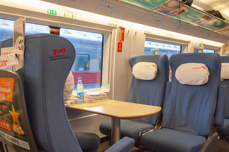 MOSCOW,RUSSIA - MAY 04 2018 : interior of the passenger high-speed train Sapsan. In Russia railway communication is very developedのeditorial素材