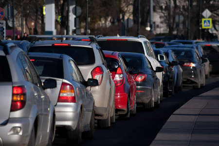 transport jam on city roads St. Petersburg in clear summer day
