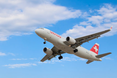 St.Petersburg, RUSSIA-March 23 , 2019. The plane of Swiss airline comes in the land in Pulkovo...