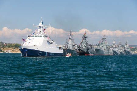 Sevastopol, RUSSIA-Jule 26 , 2019. fighting ships ready to a parade in honor of day of the Navy. In...