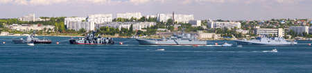 Sevastopol, RUSSIA-Jule 26 , 2019. panorama of the fighting ships ready to a parade in honor of day...