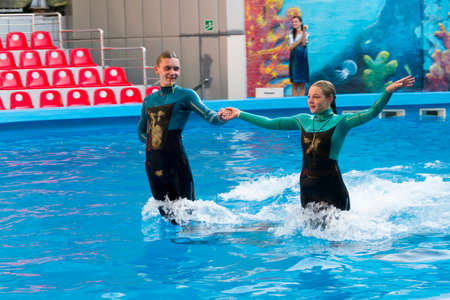 ALUSHTA, RUSSIA - 25 JULY, 2019 : Dolphin performance at the Alushtin Dolphinarium. In Russia...