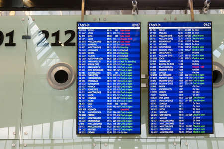 St. Petersburg, RUSSIA-February 24, 2017:board of departure and arrival flights at Pulkovo airport. Pulkovo is the largest international airport in Russiaのeditorial素材