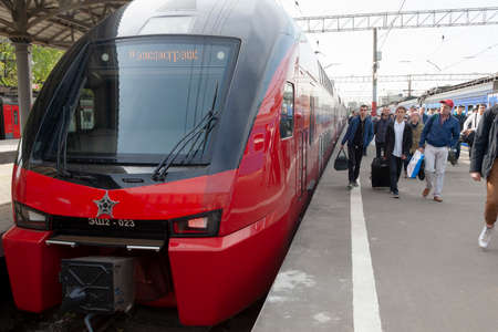 Moscow, RUSSIA - May 04, 2018: air express brought passengers to Belorussky railway station.In...