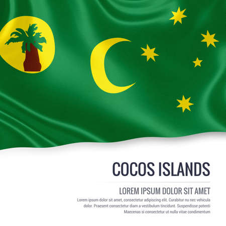 Flag of Australian state Cocos Islands waving on an isolated white background. State name and the text area for your message.の写真素材