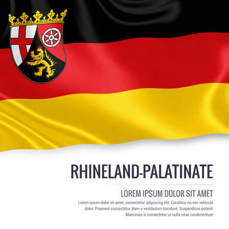 Flag of German state Rhineland-Palatinate waving on an isolated white background. State name and the text area for your message.の写真素材