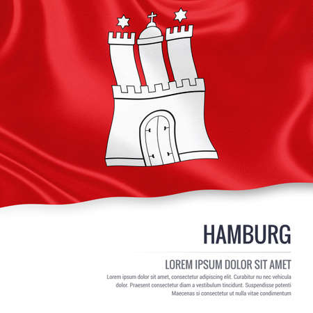 Flag of German state Hamburg waving on an isolated white background. State name and the text area for your message.の写真素材