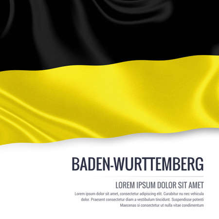 Flag of German state Baden-Wurttemberg waving on an isolated white background. State name and the text area for your message.の写真素材