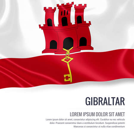 Silky flag of Gibraltar waving on an isolated white background with the white text area for your advert message. 3D rendering.の写真素材