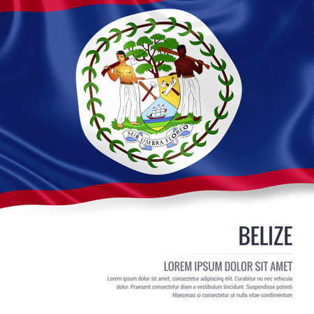 Silky flag of Belize waving on an isolated white background with the white text area for your advert message. 3D rendering.の写真素材