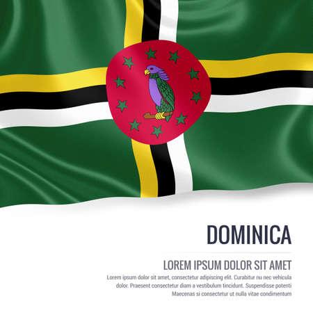 Silky flag of Dominica waving on an isolated white background with the white text area for your advert message. 3D rendering.の写真素材