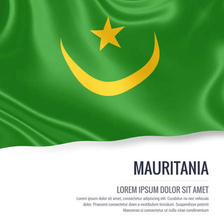 Silky flag of Mauritania waving on an isolated white background with the white text area for your advert message. 3D rendering.の写真素材