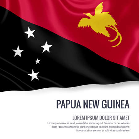 Silky flag of Papua New Guinea waving on an isolated white background with the white text area for your advert message. 3D rendering.の写真素材