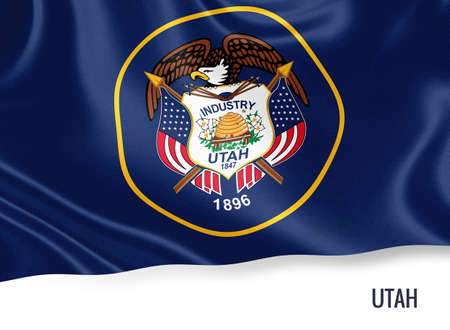 U.S. state Utah flag waving on an isolated white background. State name included below the artwork.の写真素材