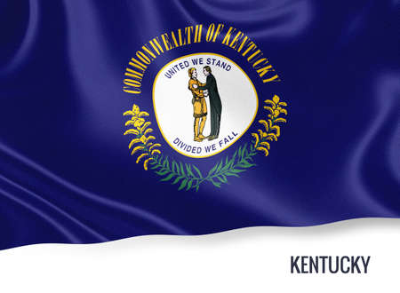 U.S. state Kentucky flag waving on an isolated white background. State name included below the artwork.の写真素材