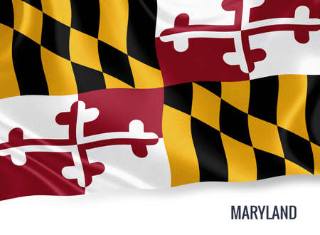 U.S. state Maryland flag waving isolated on white. State name included below the artwork.の写真素材
