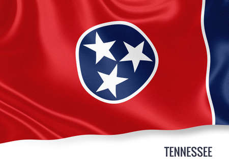 U.S. state Tennessee flag waving on an isolated white background. State name included below the artwork.の写真素材