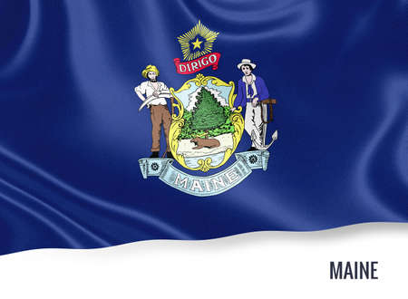 U.S. state Maine flag waving on an isolated white background. State name included below the artwork.の写真素材