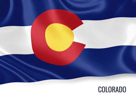 U.S. state Colorado flag waving on an isolated white background. State name included below the artwork.の写真素材
