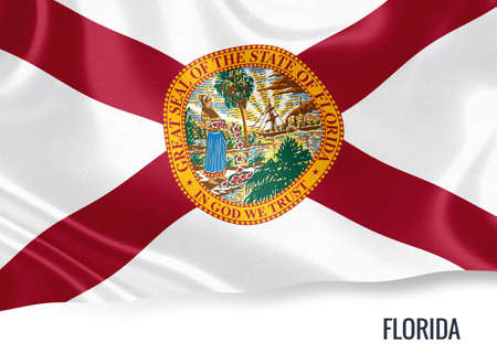 U.S. state Florida flag waving on an isolated white background. State name included below the artwork.の写真素材