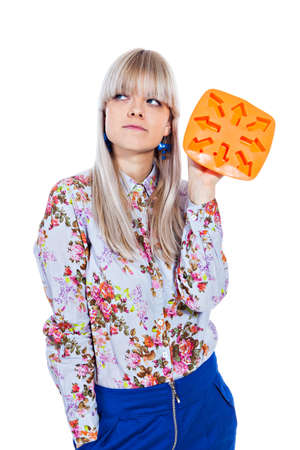 Beautiful blond girl holding ice moulds isolated on white backgroundの写真素材