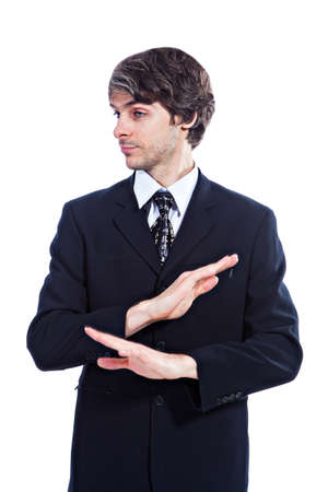 Portrait of business man having problems on white backgroundの写真素材