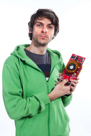 Man hold computer graphic cardの写真素材