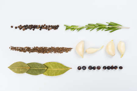 Lines of different food on the white tableの写真素材