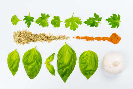 Lines of different food on the white tableの写真素材