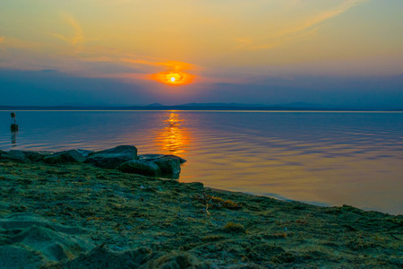 Sunset at a lake Uveldy, The Urals, Russiaの写真素材