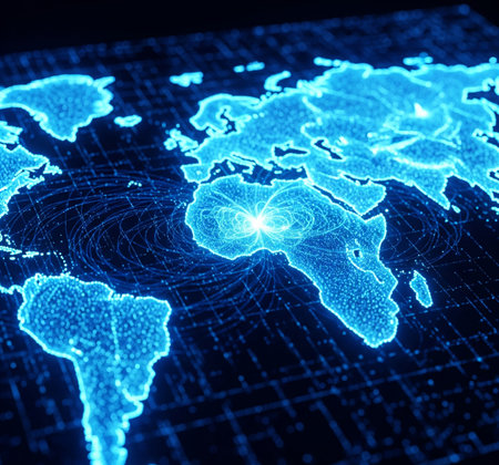World map with glowing lines on dark background. 3D rendering.の素材