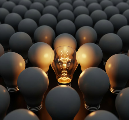 Light bulb among many black ones. Conceptual image. 3D renderingの素材