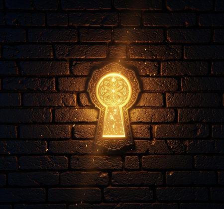 Golden keyhole on brick wall background. 3d render illustration.の素材