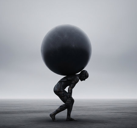 Man carrying a big black ball on his back, 3d renderの素材