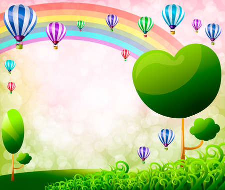 Colorful balloons and rainbow on Green meadowの写真素材