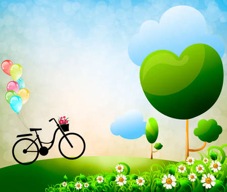  Colorful balloons bike on Green meadowの写真素材