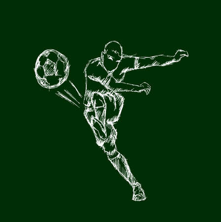 Illustrations footballer kicking a ball on green backgroundのイラスト素材