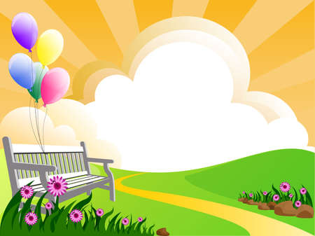 illustration of landscape with flowers clouds and balloonsのイラスト素材