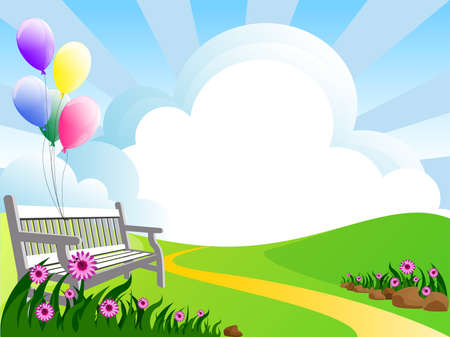 illustration of landscape with flowers clouds and balloonsのイラスト素材