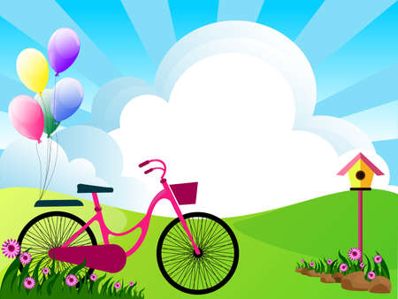 illustration of landscape with flowers clouds bike and balloonsのイラスト素材