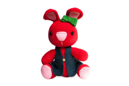 Handmade crochet red rabbit doll.の写真素材
